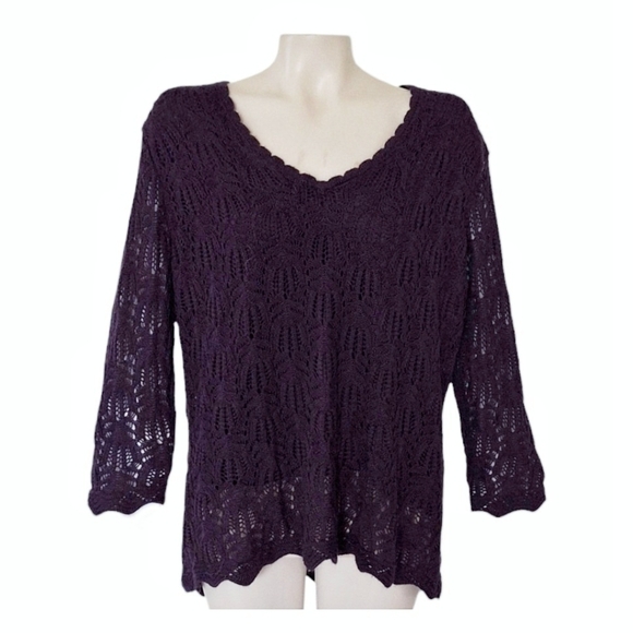 Cato Purple Crochet Vneck Sweater Eggplant Business Casual Grandma Lace XL - Picture 1 of 7